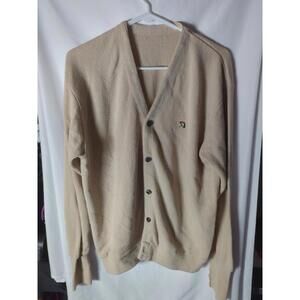 VTG Arnold Palmer 100% Acrylic Cardigan Button Sweater L Tan Umbrella See Desc